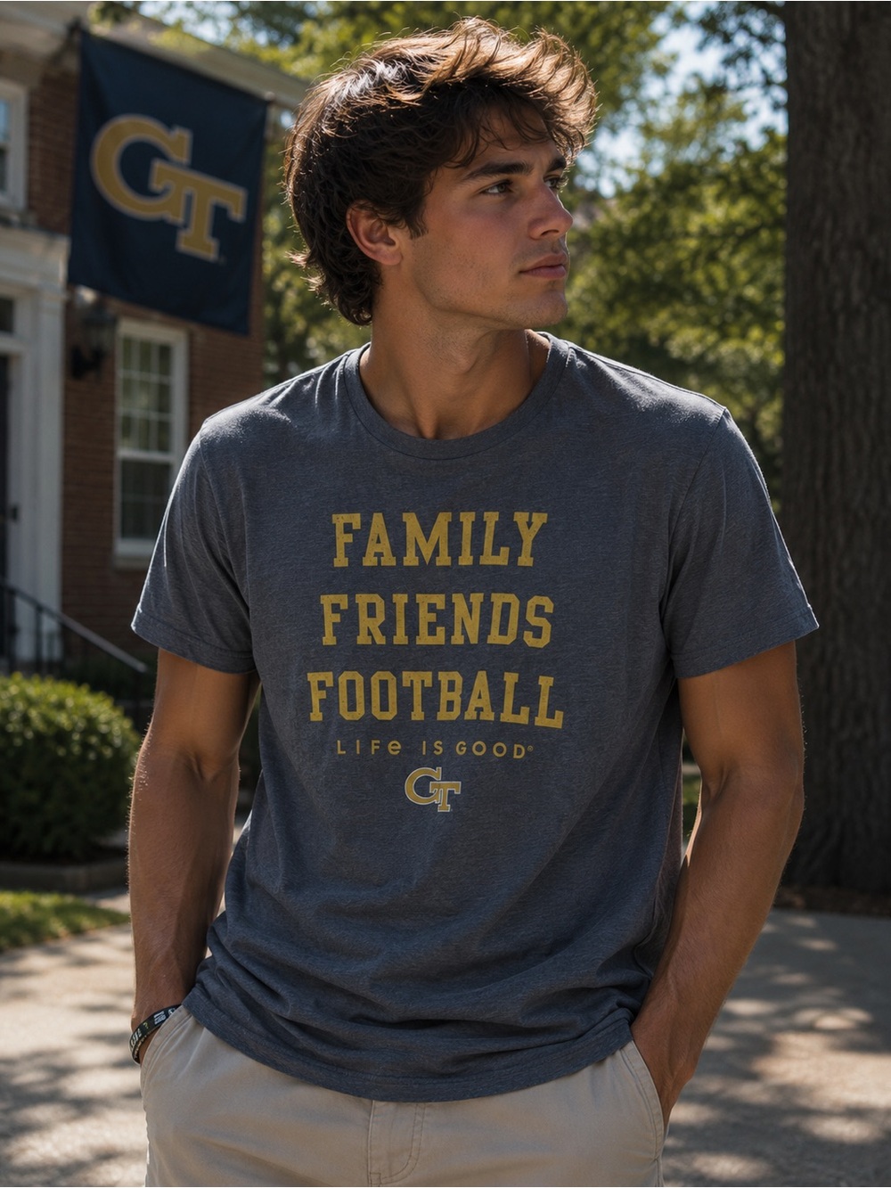NWT Life Is Good Georgia Tech Yellow Jackets "Family Friends Football" Tee